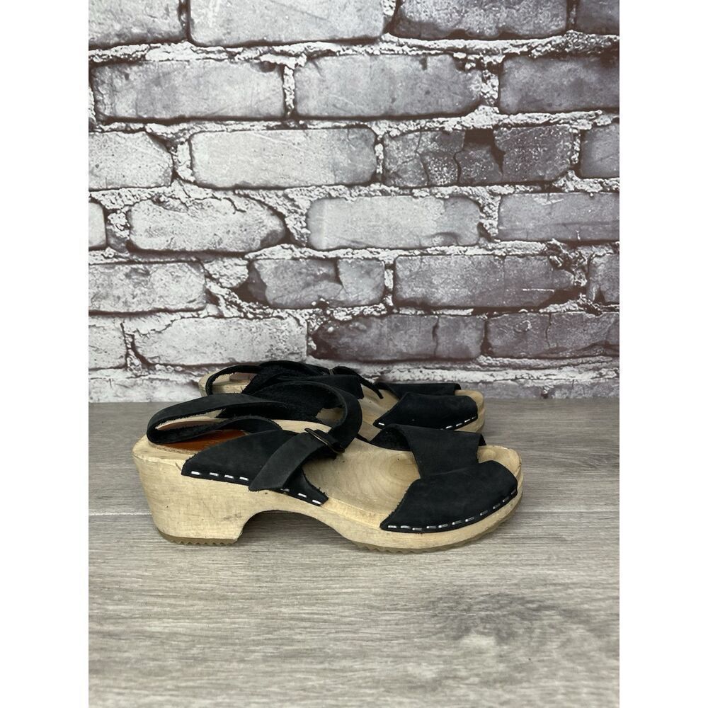 Mabo Black Leather Peep Toe Strap Sweden Clogs Heel Sandals Women Sz 34EU/4M US